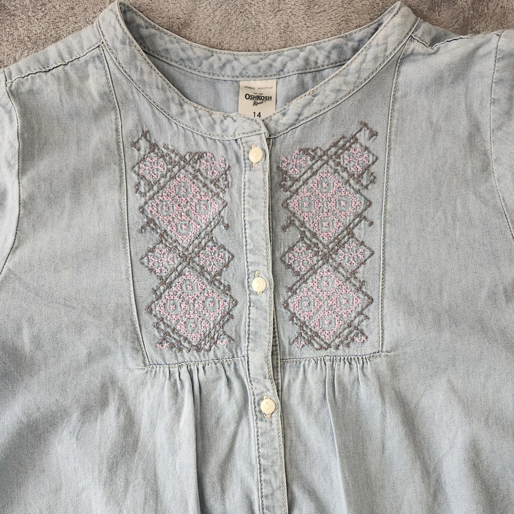 OshKosh B'gosh Chambray Embroidered Long Sleeve Button Down Tunic Blouse Size:14